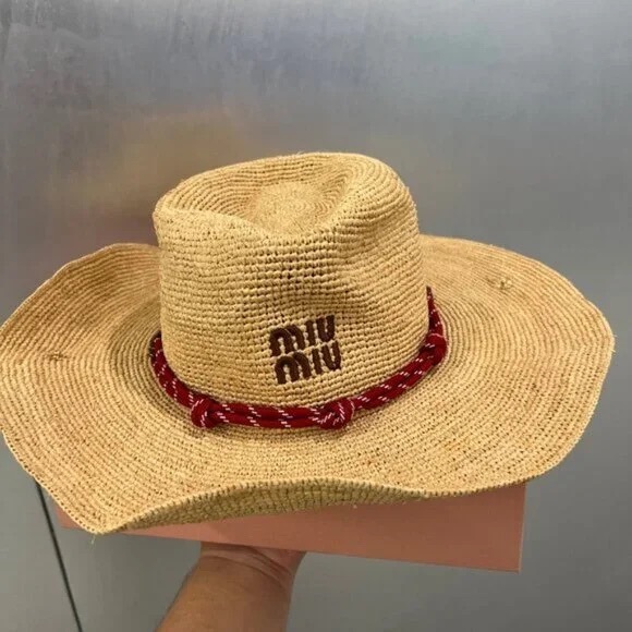 Miu Miu Straw Hat-Stylish Sun Hat with Red Accent - Picture 2 of 7